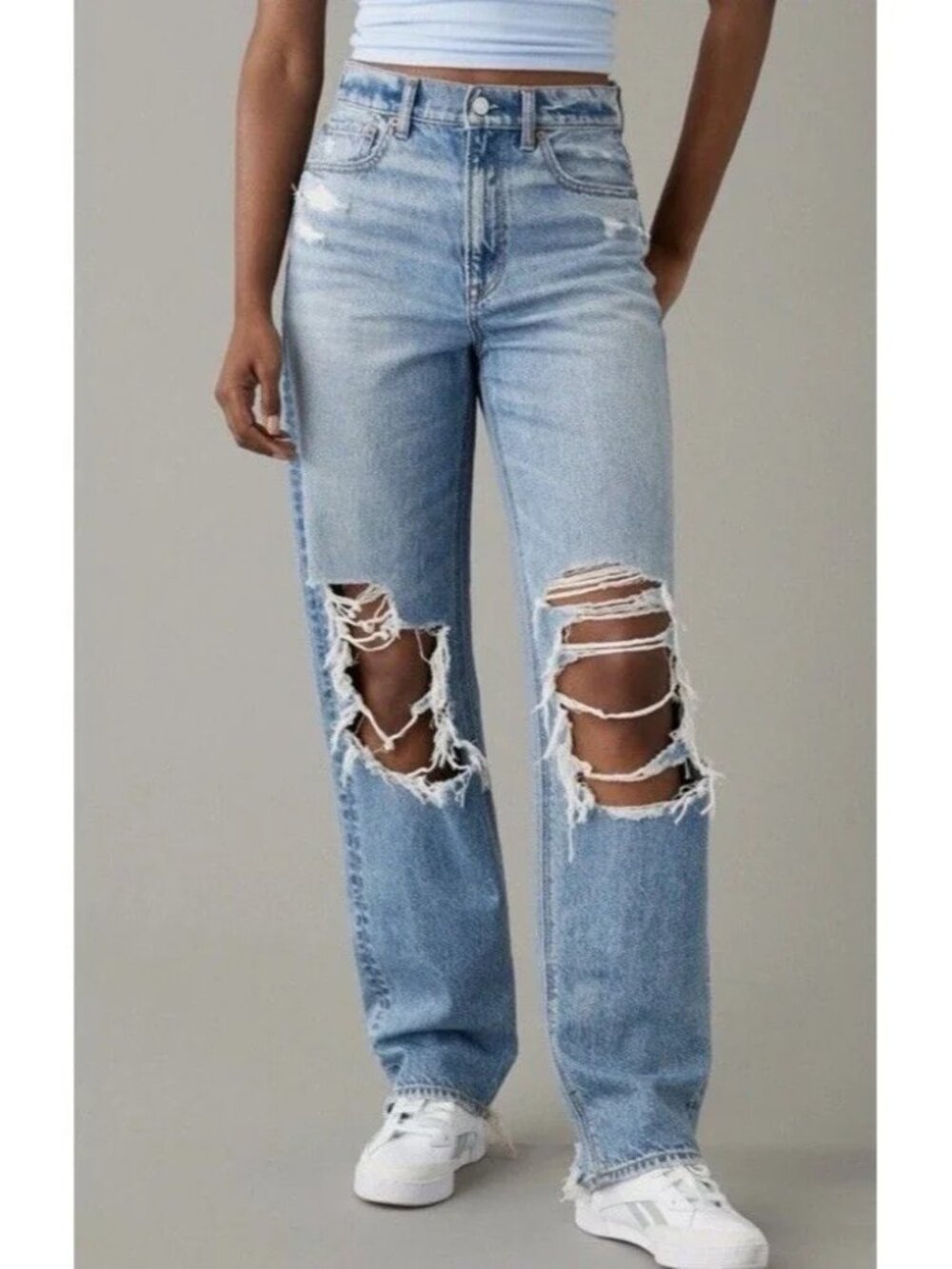 American Eagle Highest Rise Baggy Straight Light Wash Distressed Jeans Size 10S